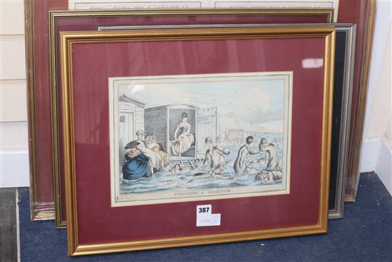 Five 19th century coloured engravings, assorted caricatures including Mermaids at Brighton